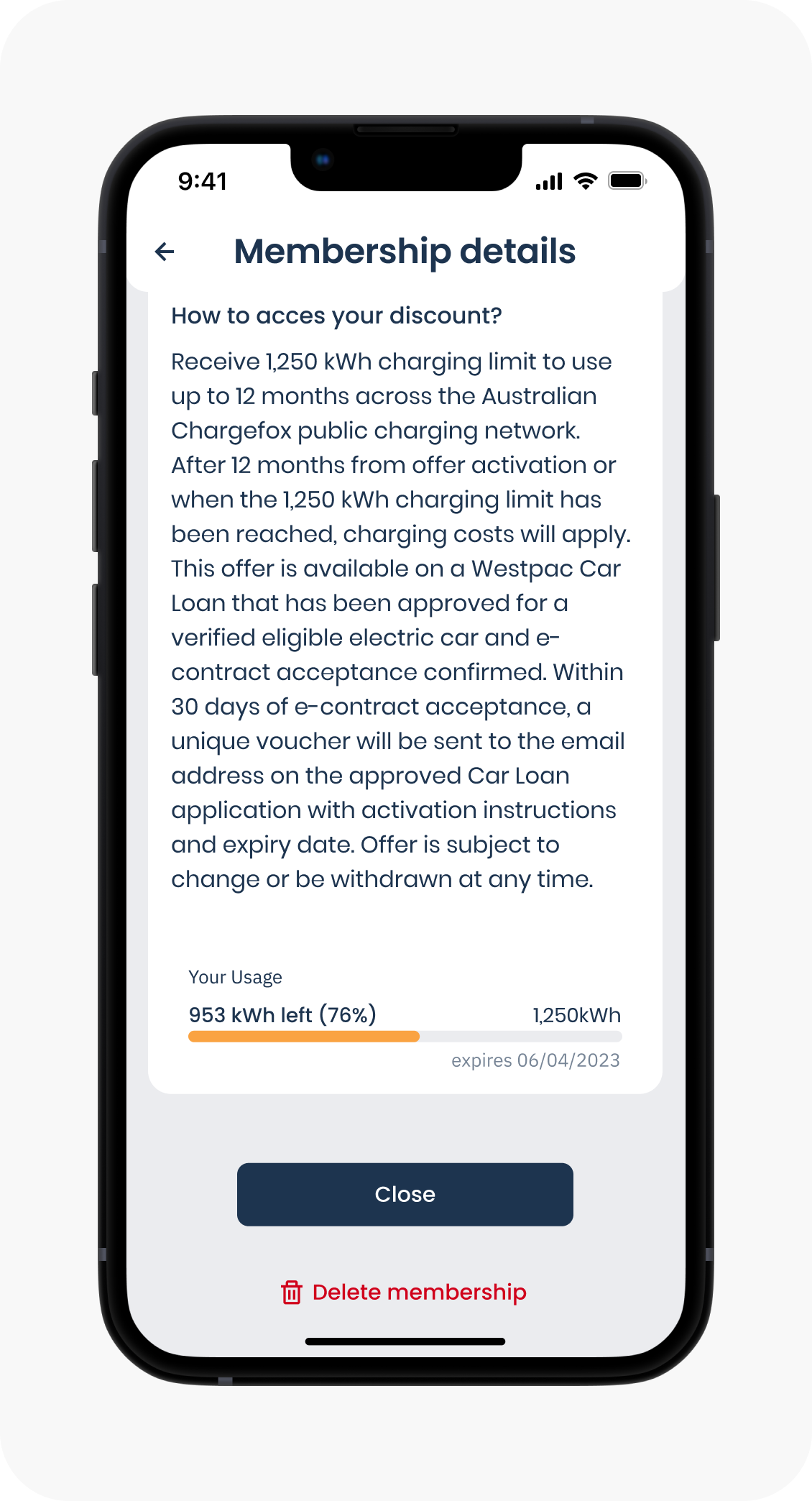 Membership details screen