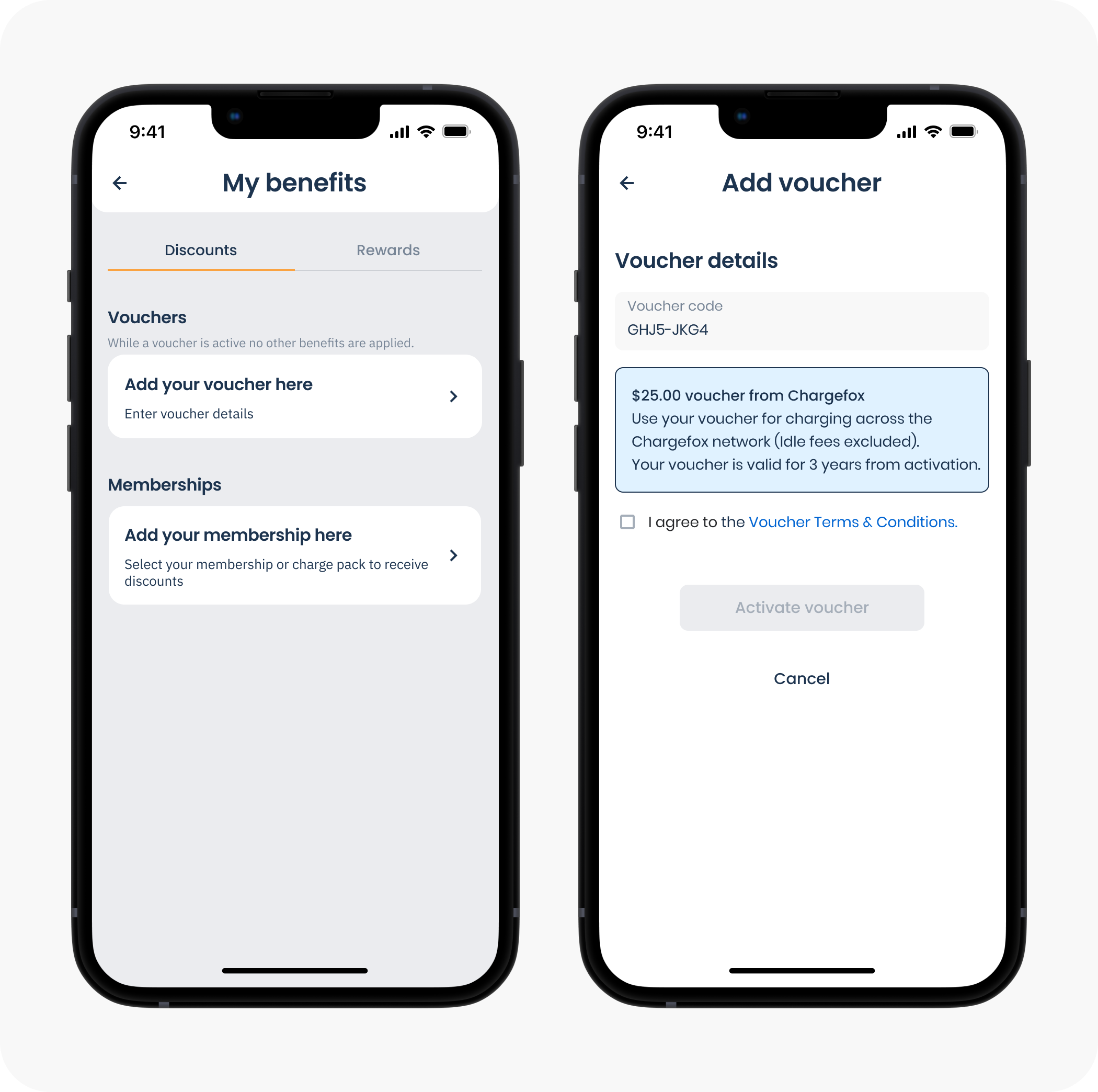 My benefits and Add voucher screen