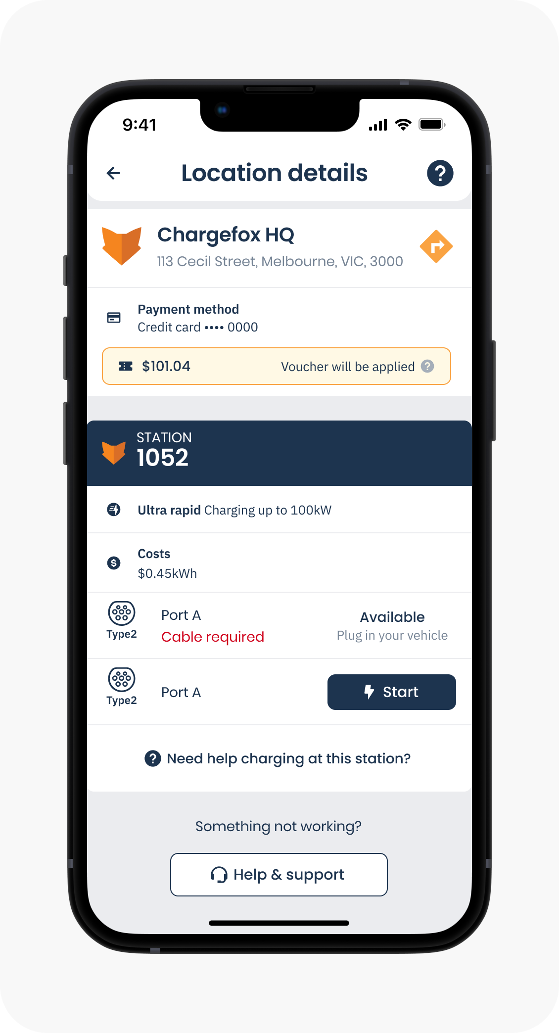 Charge station details with payment method and voucher