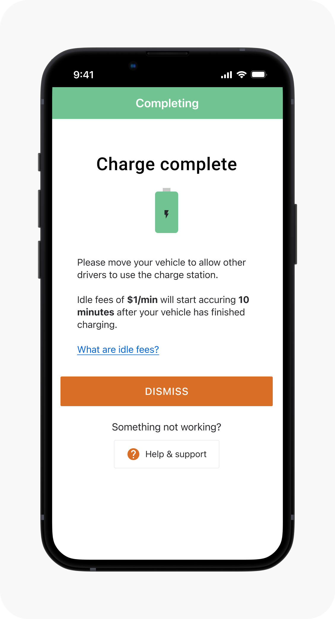 Charge Complete screen with warning about Idle fees