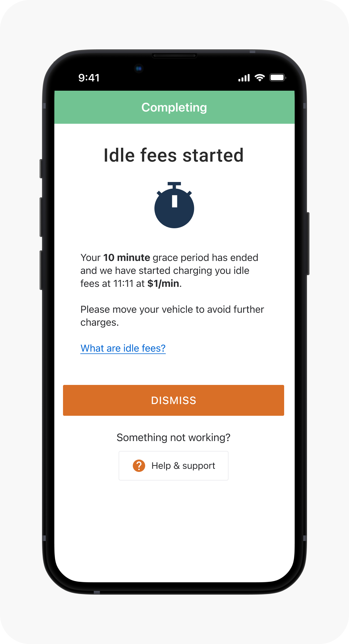 Idle fees started screen