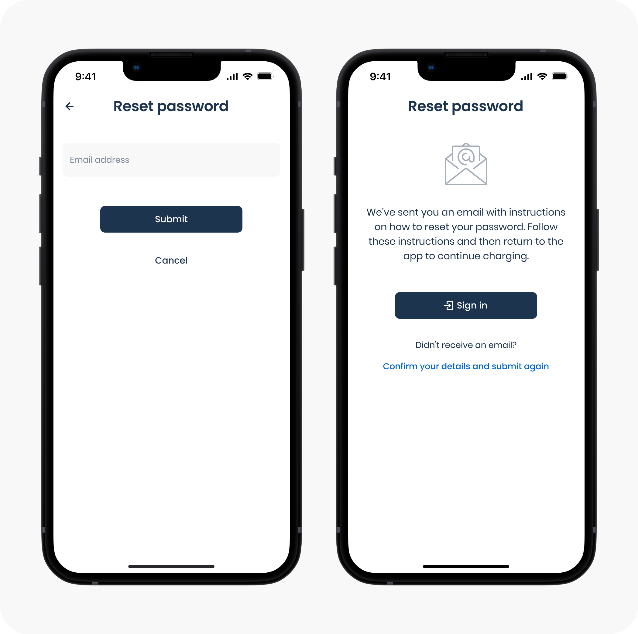 Reset Passwords input and confirmation screen