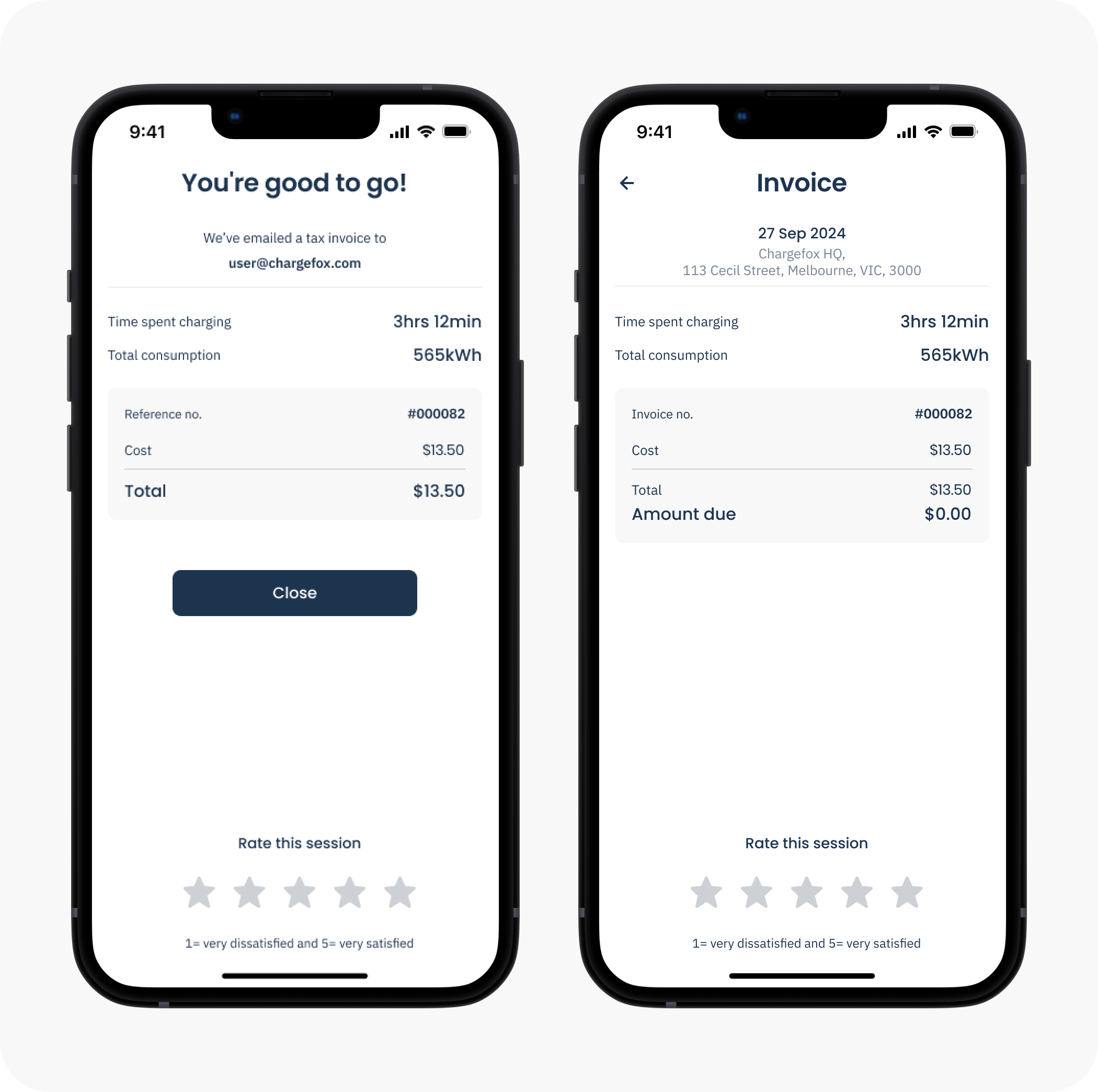 The 'You're good to go!' and 'Invoice' screens in the Chargefox app